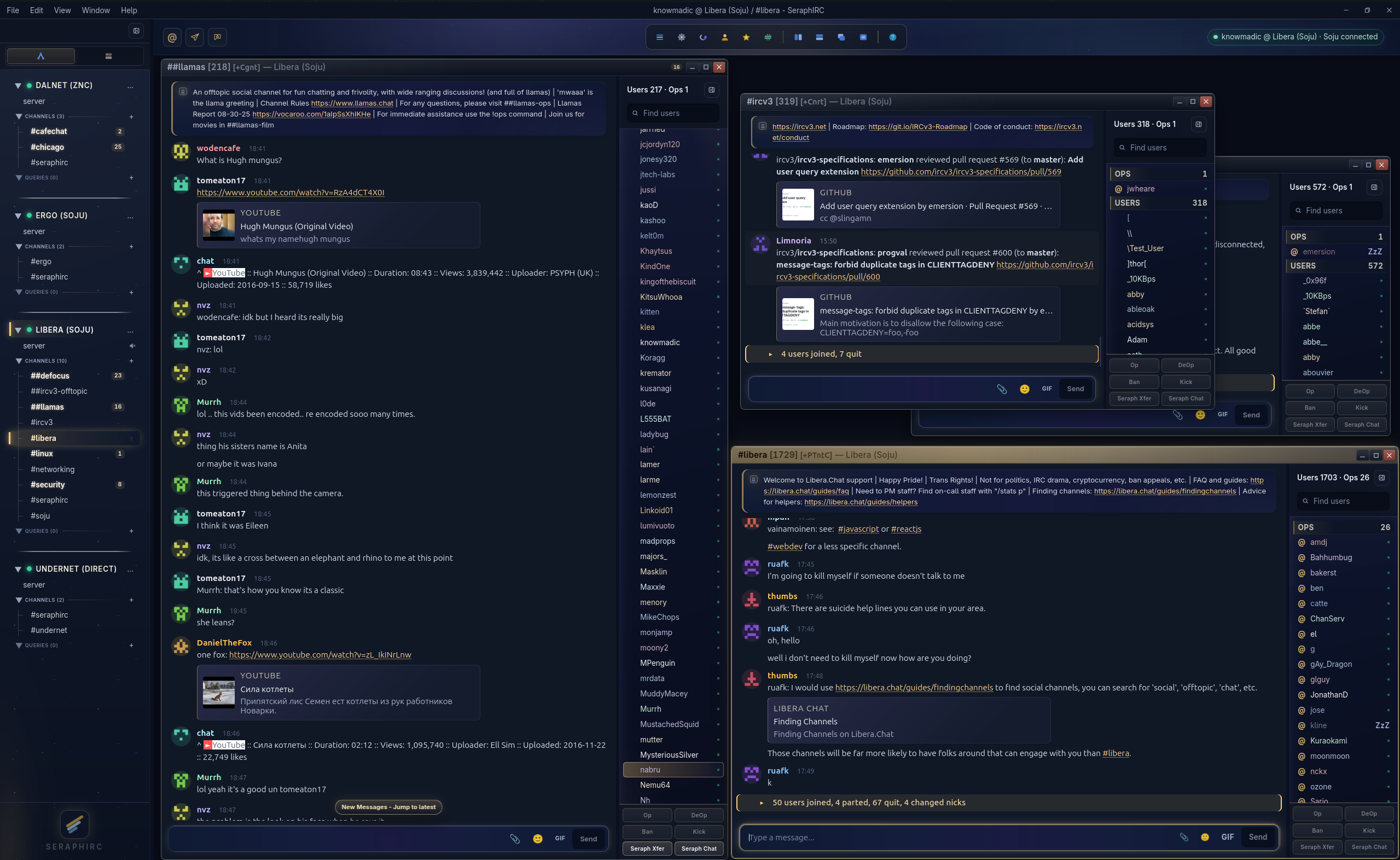 SeraphIRC desktop client with four channel windows tiled over the network tree