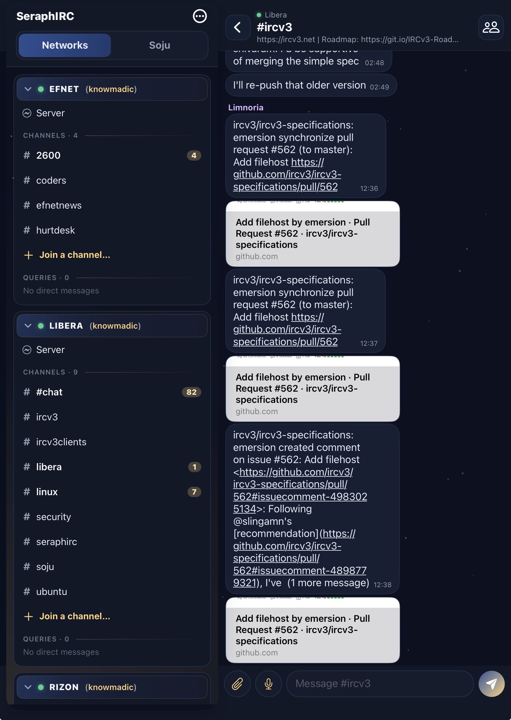 SeraphIRC on iPad showing the network list beside the #ircv3 conversation