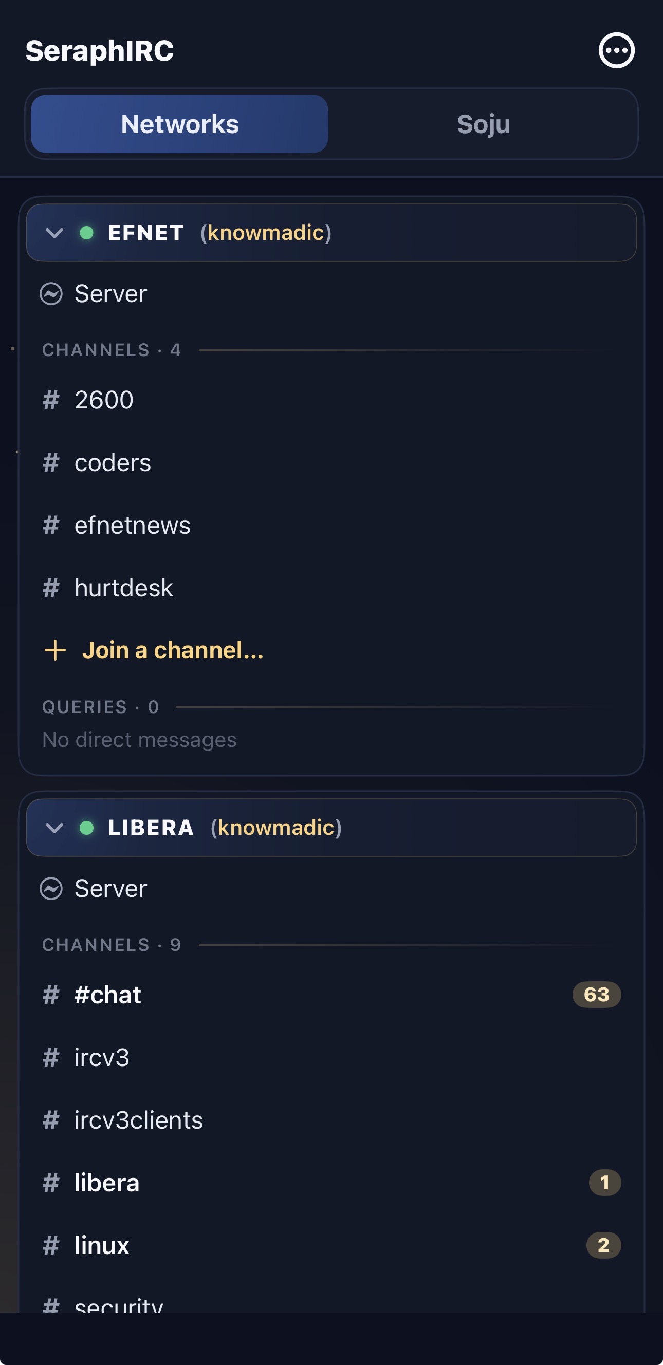 SeraphIRC mobile app showing a channel conversation in the #ircv3 channel on Libera