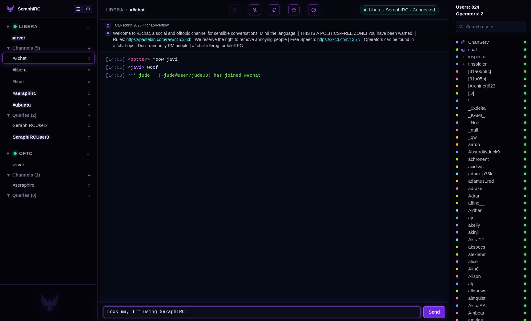 SeraphIRC desktop client interface showing IRC channels, chat, and user list